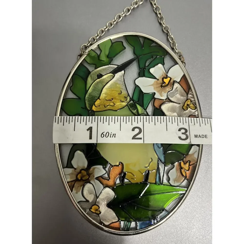 Stain Glass Sun Catcher Hand Painted Hummingbird Bird Floral Oval 4.5”